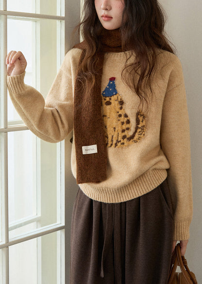 Khaki O Neck Animal Knit Sweater Winter