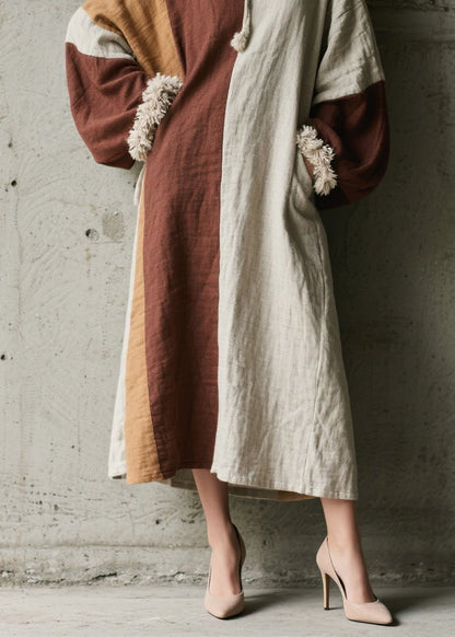 Fine Colorblock Pockets Patchwork Cotton Long Dress Fall