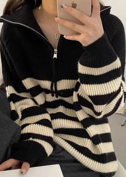 Black Stand Collar Striped Patchwork Thick Knit Pullover Long Sleeve