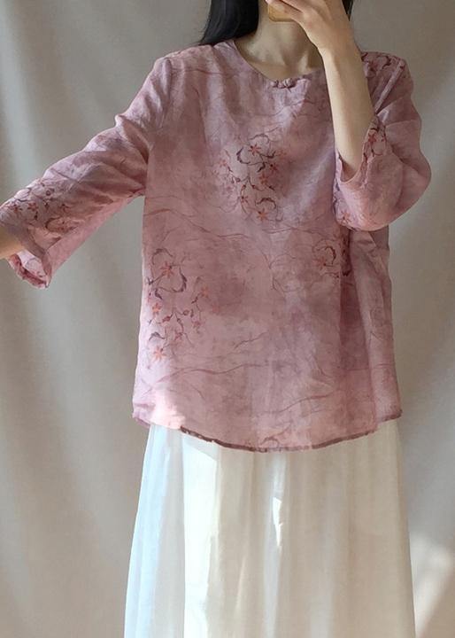Organic Pink Print Blouses for O Neck Chinese Button Daily Tops