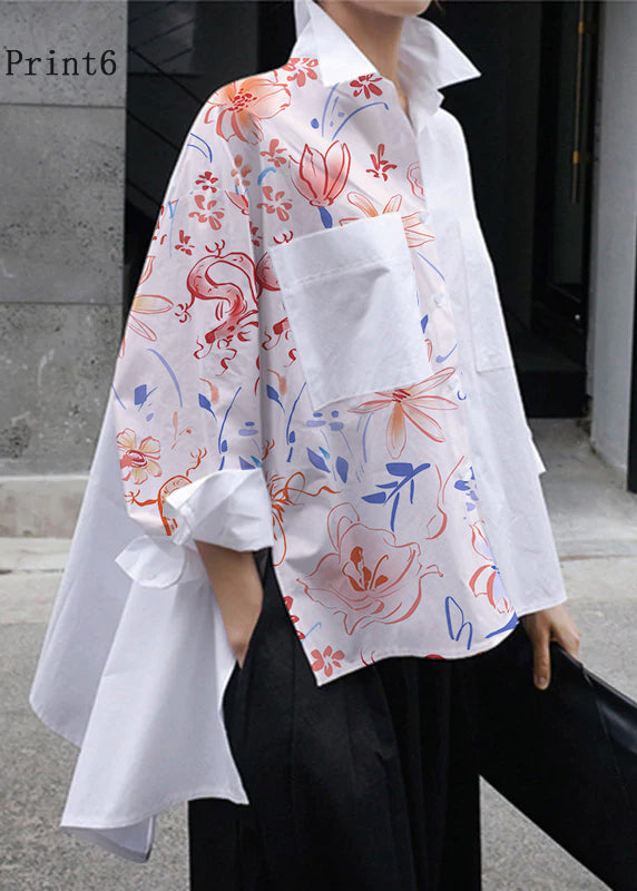 Natural Yellow Flower Peter Pan Collar Low High Design Button Pockets Cotton Shirts Long Sleeve Fall