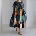 Casual Pop Cat Patchwork Cotton Linen Short Sleeve Dress elevenforest