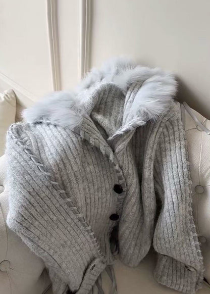 Dark Gray Fur Collar Button Cozy Knit Coat Fall