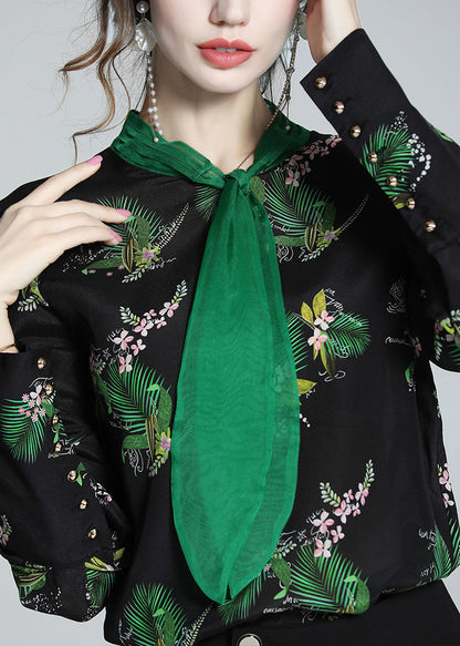 Black Stand Collar Print Silk Shirt Spring