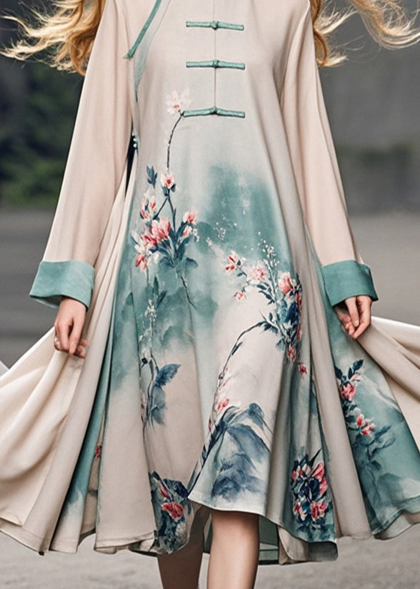 Apricot Print Chinese Button Chiffon Dress Fall