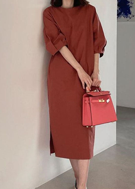 Red Puff Sleeve Cotton Long Dress Spring
