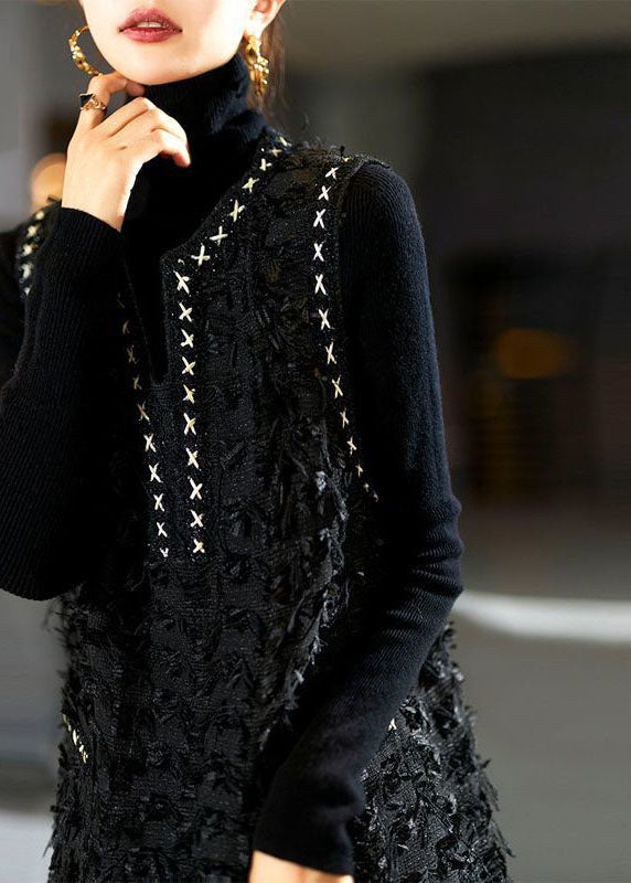 Black V Neck Patchwork Tassel Mid Dress Fall