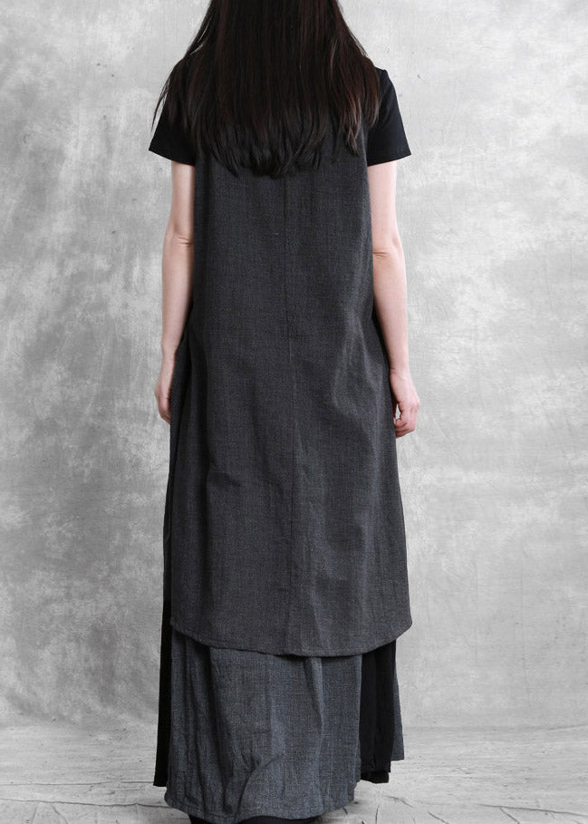 Dark Grey O-neck Asymmetrical Button Linen Waistcoat Sleeveless