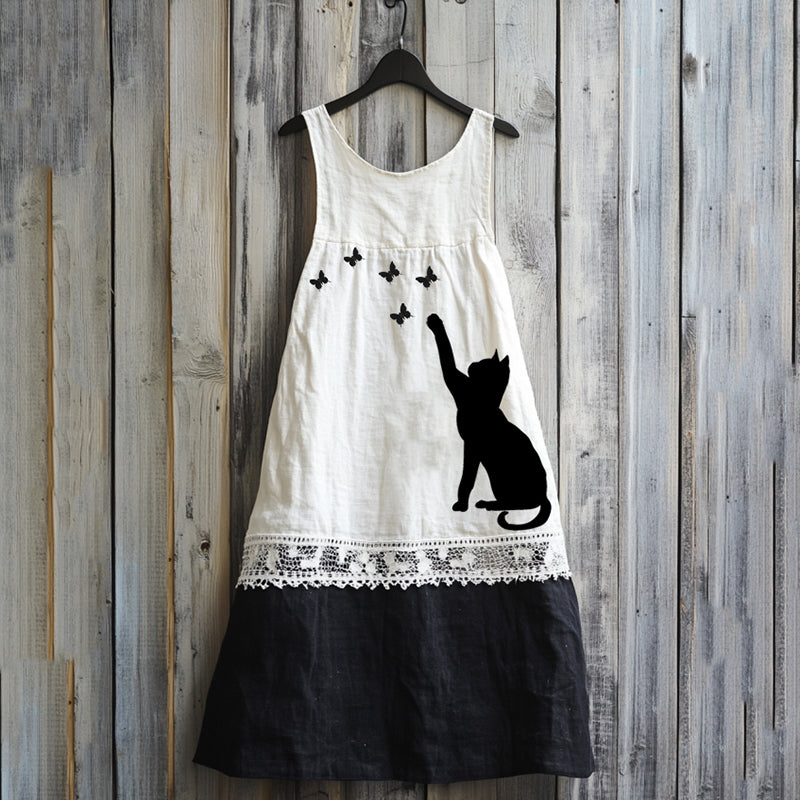 Comstylish Vintage Abstract Creative Cute Black Cat Play With Butterfly Art Linen Tank Dress