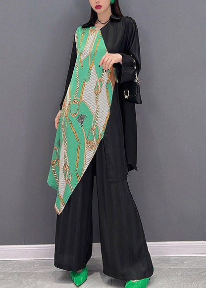 Stylish Black V Neck Asymmetrical Patchwork Chiffon Tops and Wide Leg Pants Two Pieces Set Spring