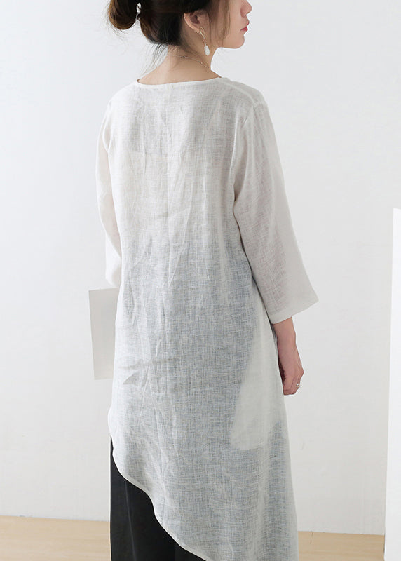 French White V Neck Embroideried Linen Shirt Tops Three Quarter Sleeve