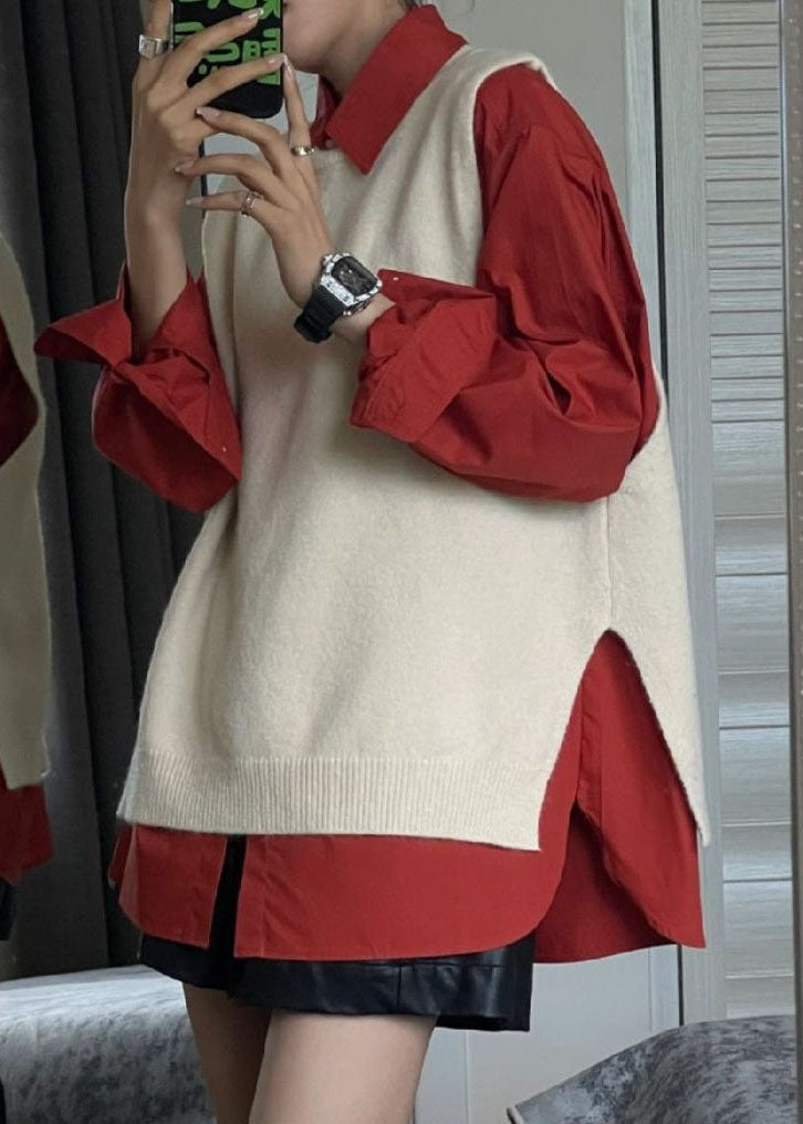 Side Open Apricot Knit Waistcoat and Red Shirts Two Pieces Set Fall