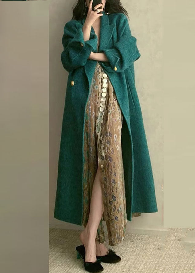 Peacock Blue Notched Pockets Woolen Maxi Coats Long Sleeve