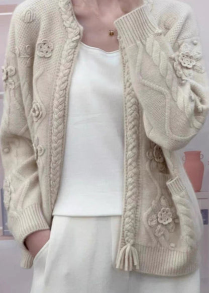 Handmade Camel Pockets Cable Knit Woolen Cardigans Spring