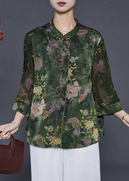 Green Stand Collar Print Silk Shirt Tops Summer