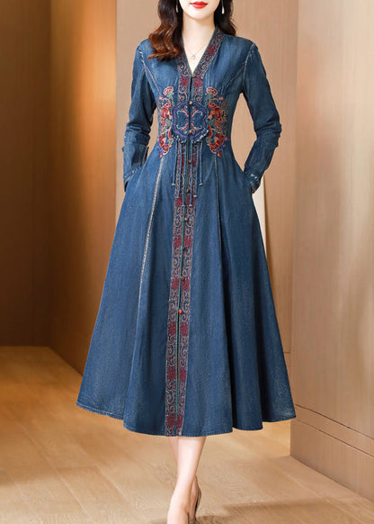 Blue V Neck Embroideried Patchwork Denim Dresses Spring