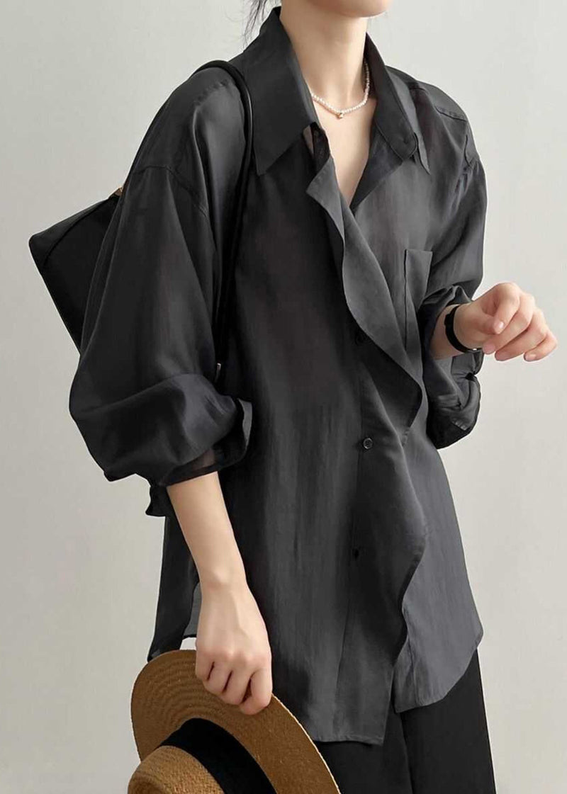Modern Green Peter Pan Collar Patchwork Button Shirts Spring