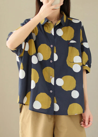 Yellow Stripes Peter Pan Collar Print Cotton Shirt Tops Summer