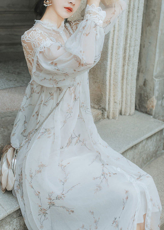 White Print Lace Patchwork Chiffon Two Pieces Dresses Fall