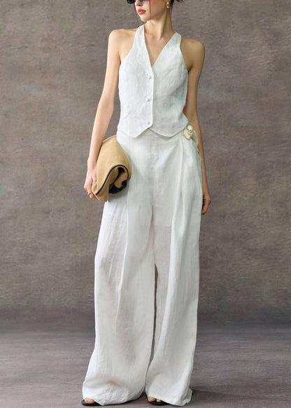 Stylish White V Neck Waistcoat and Wide Leg Pants Linen Two Piece Set Sleeveless