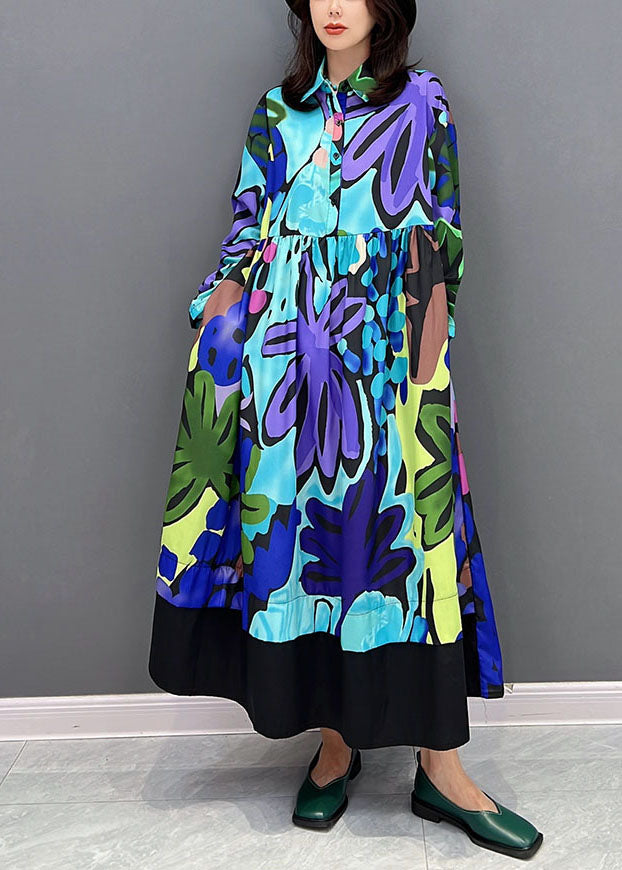 Blue Print Patchwork Cotton Long Dresses Fall