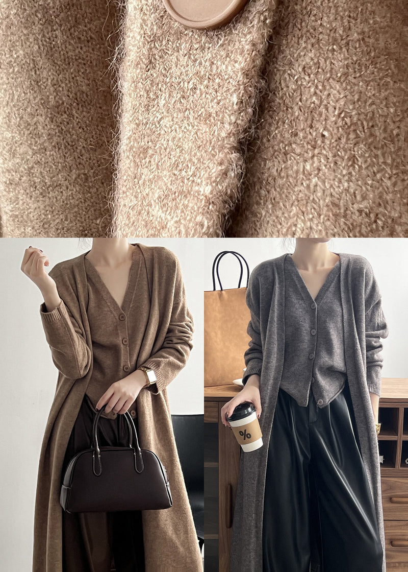 Grey Button Knit Two Pieces Set V Neck Tank and Cardigan Fall