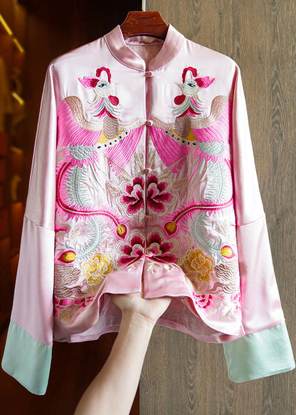 Loose Pink Stand Collar Embroideried Patchwork Silk Coats Fall