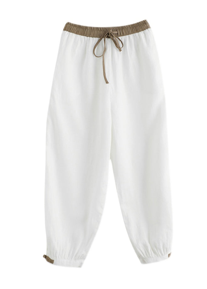 Green Elastic Waist Thin Linen Crop Pants Summer