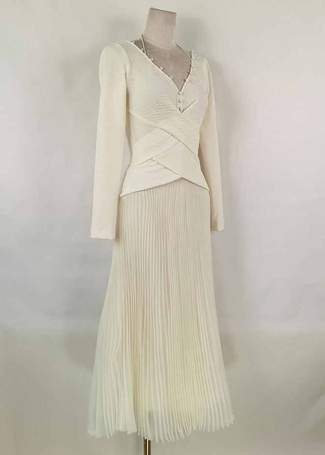 White V Neck Wrinkled Patchwork Cotton Long Dress Fall