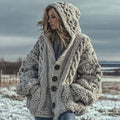 Women's Fair Isle Chunky Knit Warm Button-down Hooded Cardigan artswardrobe