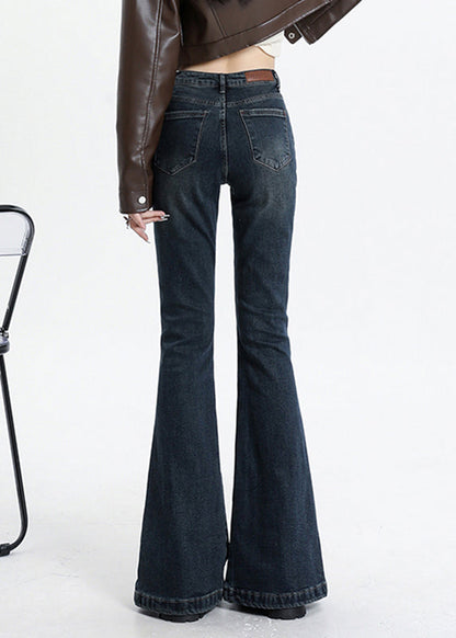 Blue Asymmetrical Pockets Patchwork High Waist Denim Flared Trousers Spring