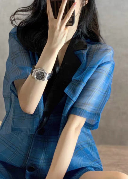 Blue Peter Pan Collar Plaid Patchwork Top Hot Pants Two-piece Set Short Sleeve