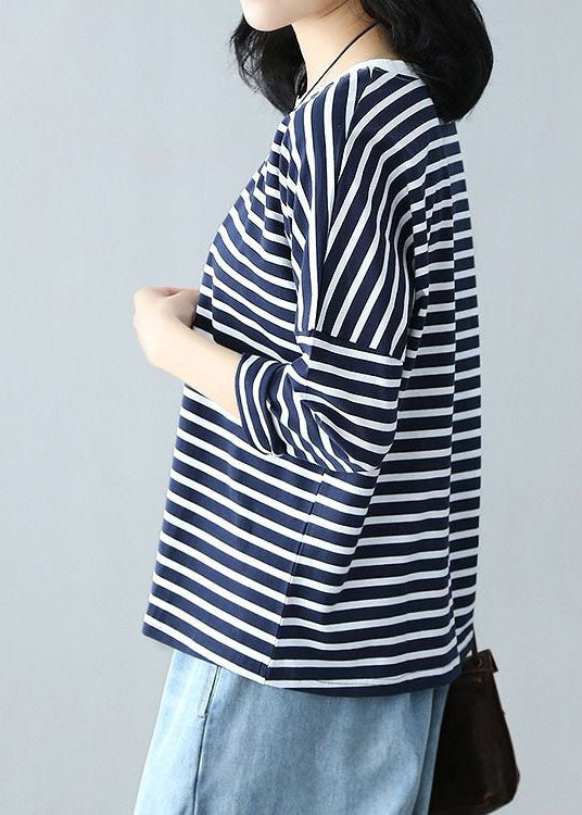 Navy Oversized Patchwork Striped Cotton Top Spring