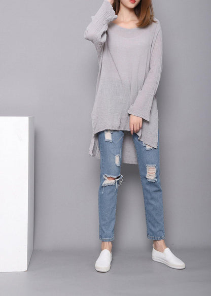 Gray U Neck Low High Design Linen Shirts Spring