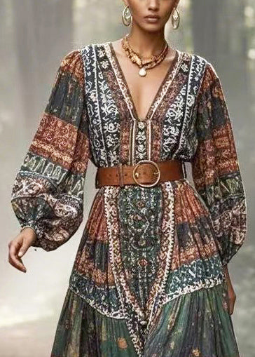 Dark Green Cinched Print Cotton Long Dress Spring