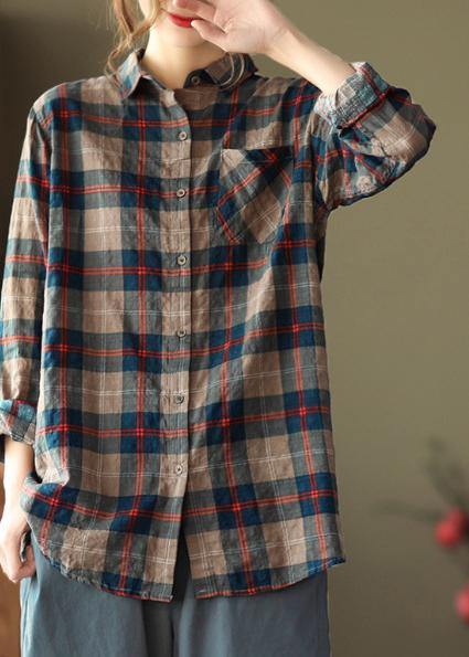 Diy Blue Plaid Blouses for Lapel Pockets Art Spring Tops