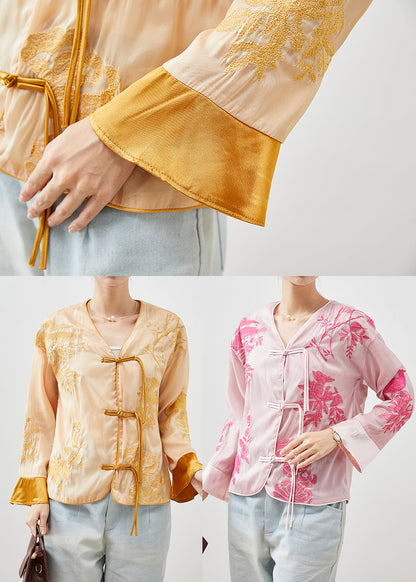 Pink Silk Blouse Tops Embroideried Tasseled Fall