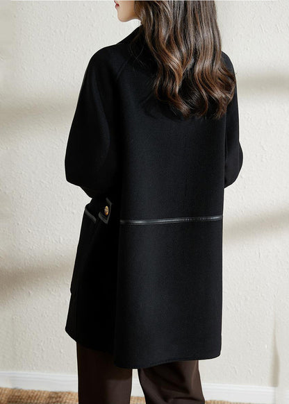 Black Double Breast Patchwork Woolen Coat Outwear Fall