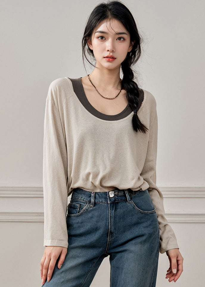 Handmade Apricot O-neck Patchwork Fake Two Pieces T Shirt Fall