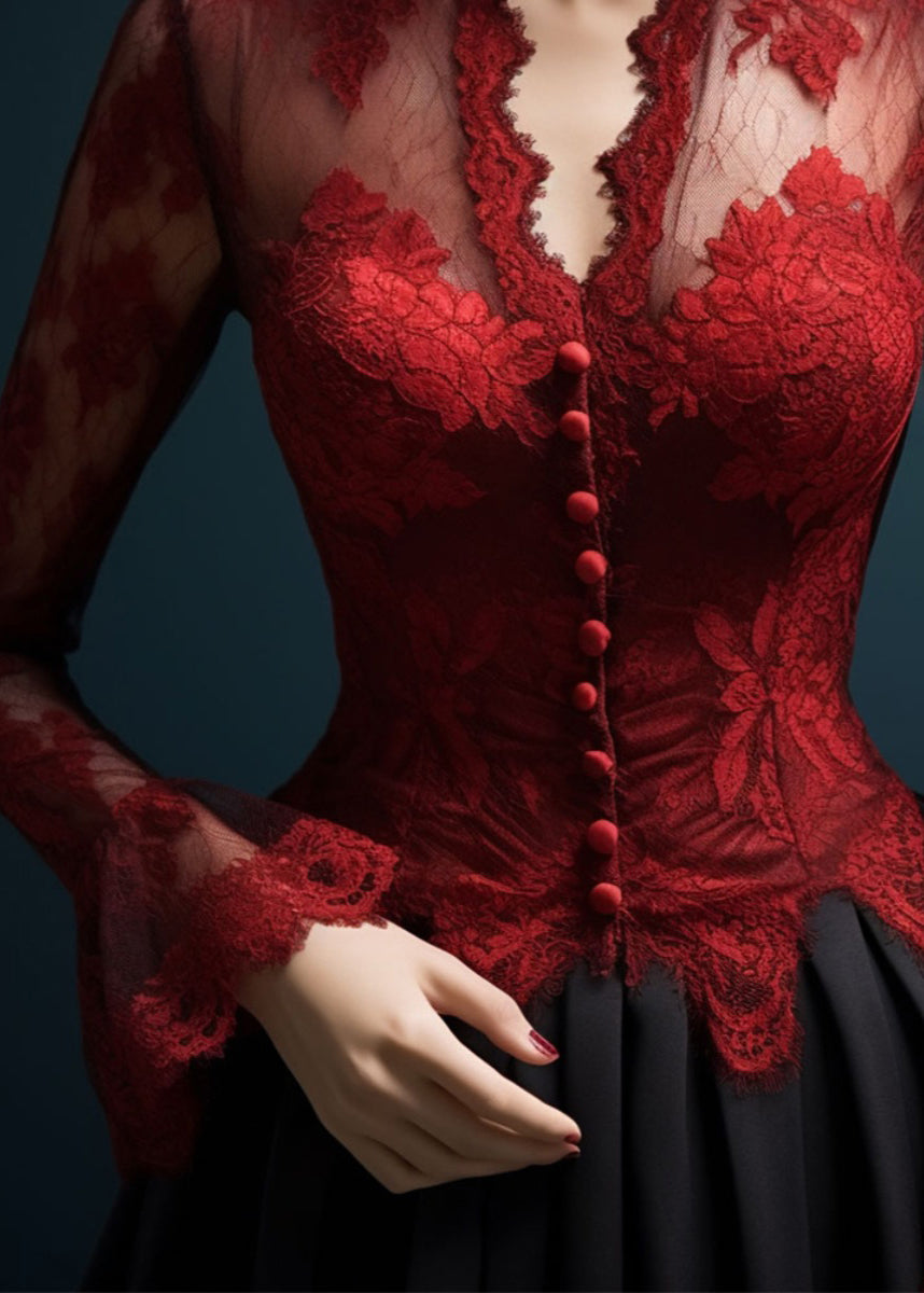 Slim Fit Red V Neck Hollow Out Lace Top Flare Sleeve Spring
