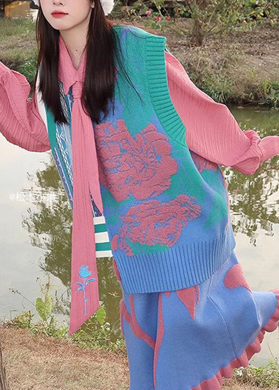 Pink Asymmetrical Cotton Knit Waistcoat Sleeveless