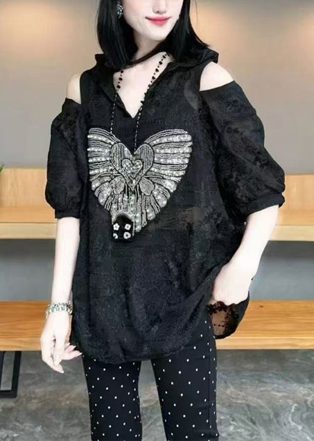 White Cold Shoulder Jacquard Cotton Hoodie Tops Summer