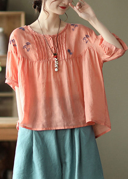 Handmade Orange O-neck Embroideried Button Wrinkled Linen Tops Half Sleeve