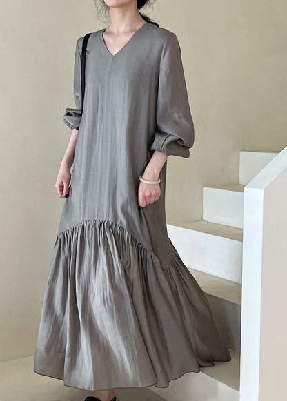 French Apricot V Neck Wrinkled Patchwork Cotton Long Dresses Fall