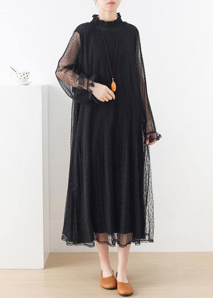 Black Stand Long Sleeve Ankle Summer Chiffon Dress