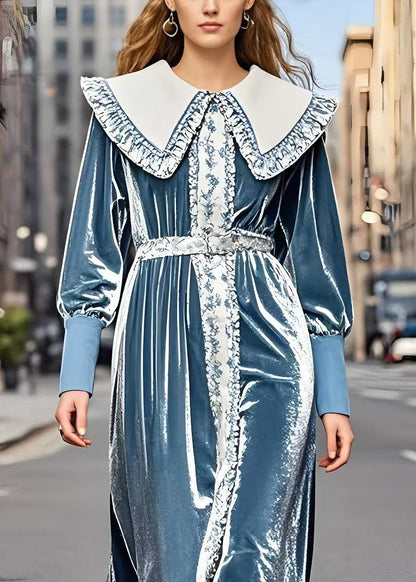 Stylish Sea Blue Peter Pan Collar Patchwork Silk Velour Dresses Spring