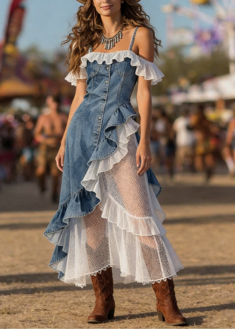 Original Blue Asymmetrical Ruffled Patchwork Denim Spaghetti Strap Dress Sleeveless