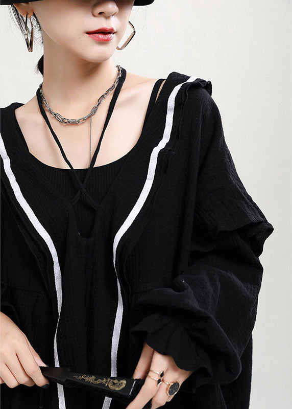 Comfy Black V Neck Ruffles Asymmetrical Design Fall Maxi Dresses Long Sleeve