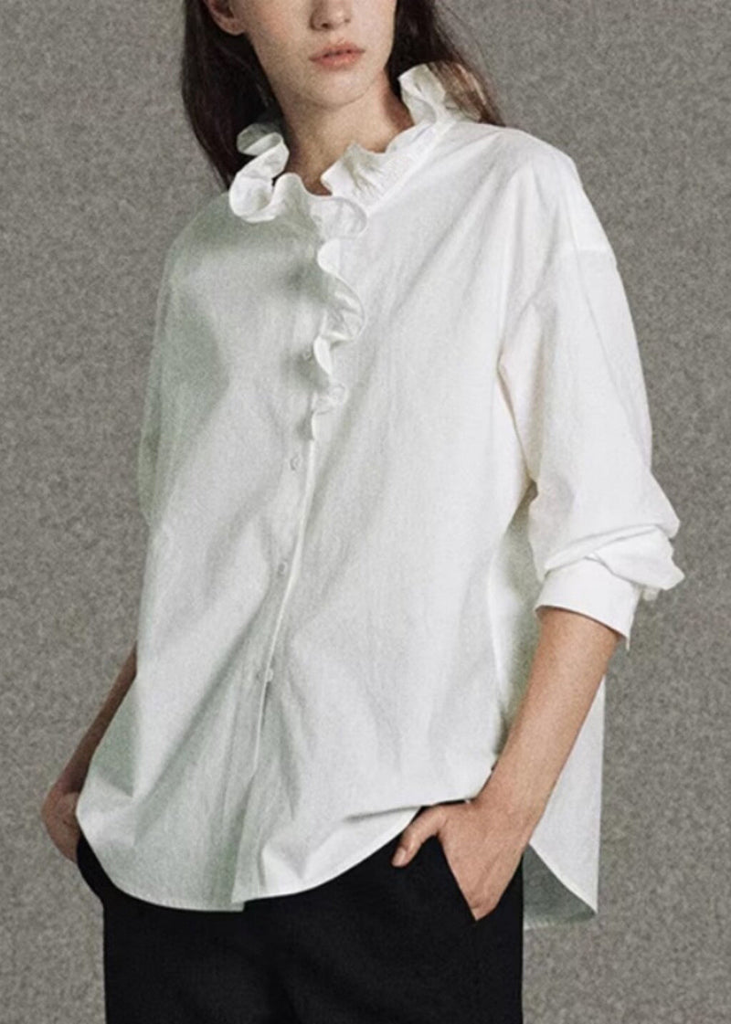 White Ruffled Cotton Shirt Top Spring