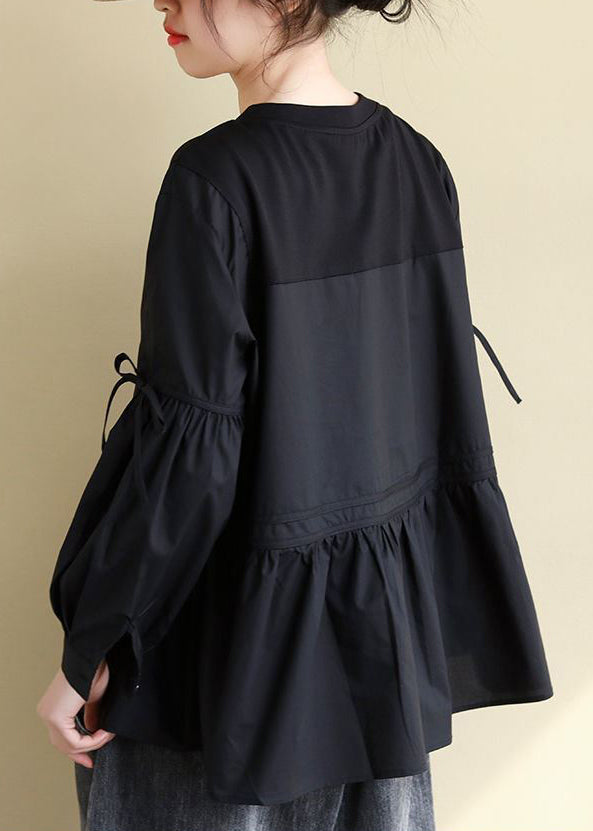 Black O-neck Low High Design Cotton Tops Long Sleeve